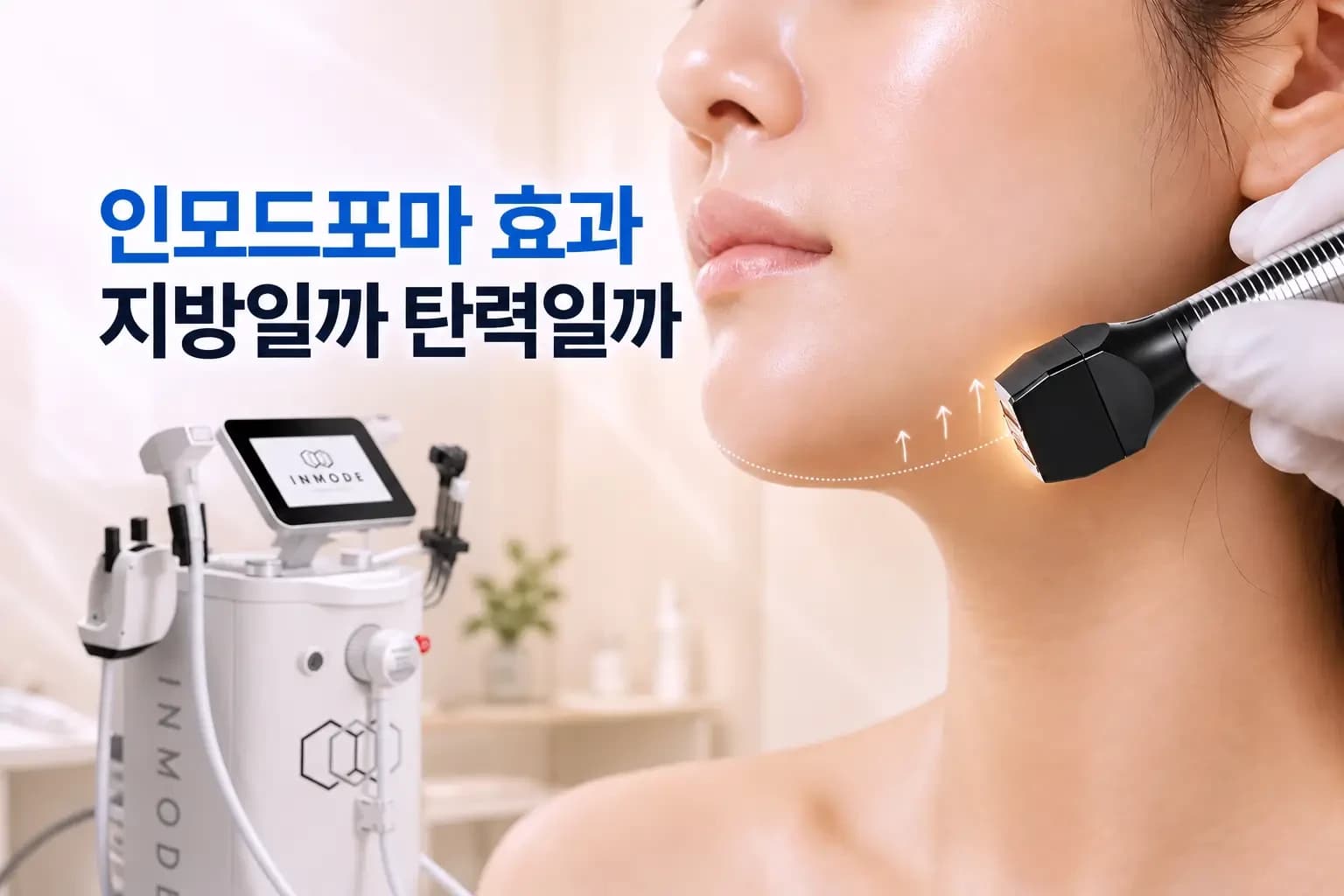 턱선에 닿은 인모드 포마 핸드피스와 진피층 열 전달, 지방층 단면을 담은 인모드포마 효과 썸네일
