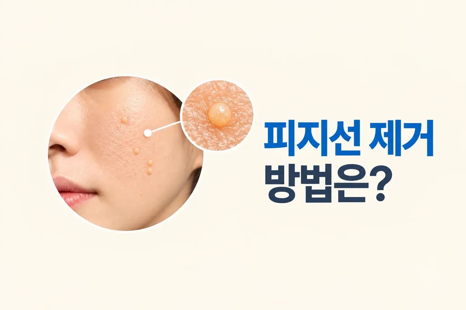 볼에 나타난 노란색 피지선 증식증 돌기와 피부 병변을 확대해 보여주는 피지선 제거 방법 안내 썸네일