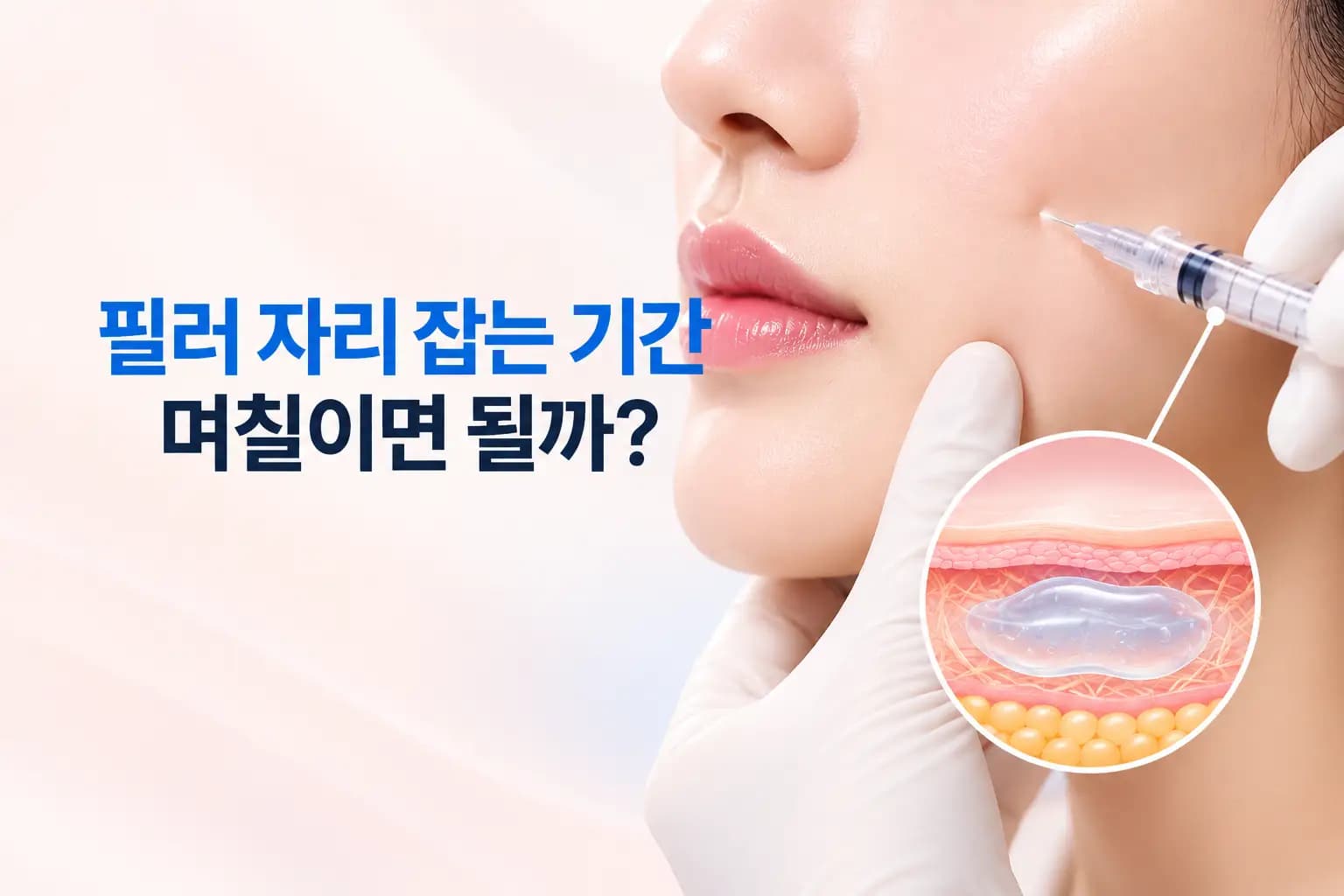 필러 주사기와 피부 진피층에 겔이 안정되는 확대 인셋을 조합한 필러 자리 잡는 기간 썸네일