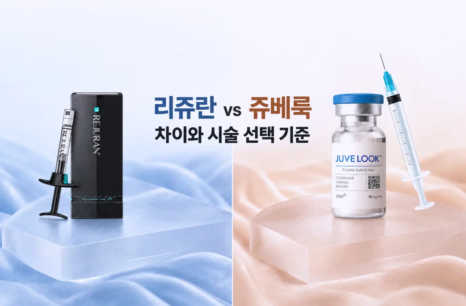 리쥬란 힐러 정품 패키지와 쥬베룩 50mg 바이알 주사기를 나란히 배치해 시술별 특징과 선택 기준을 비교한 대표 이미지