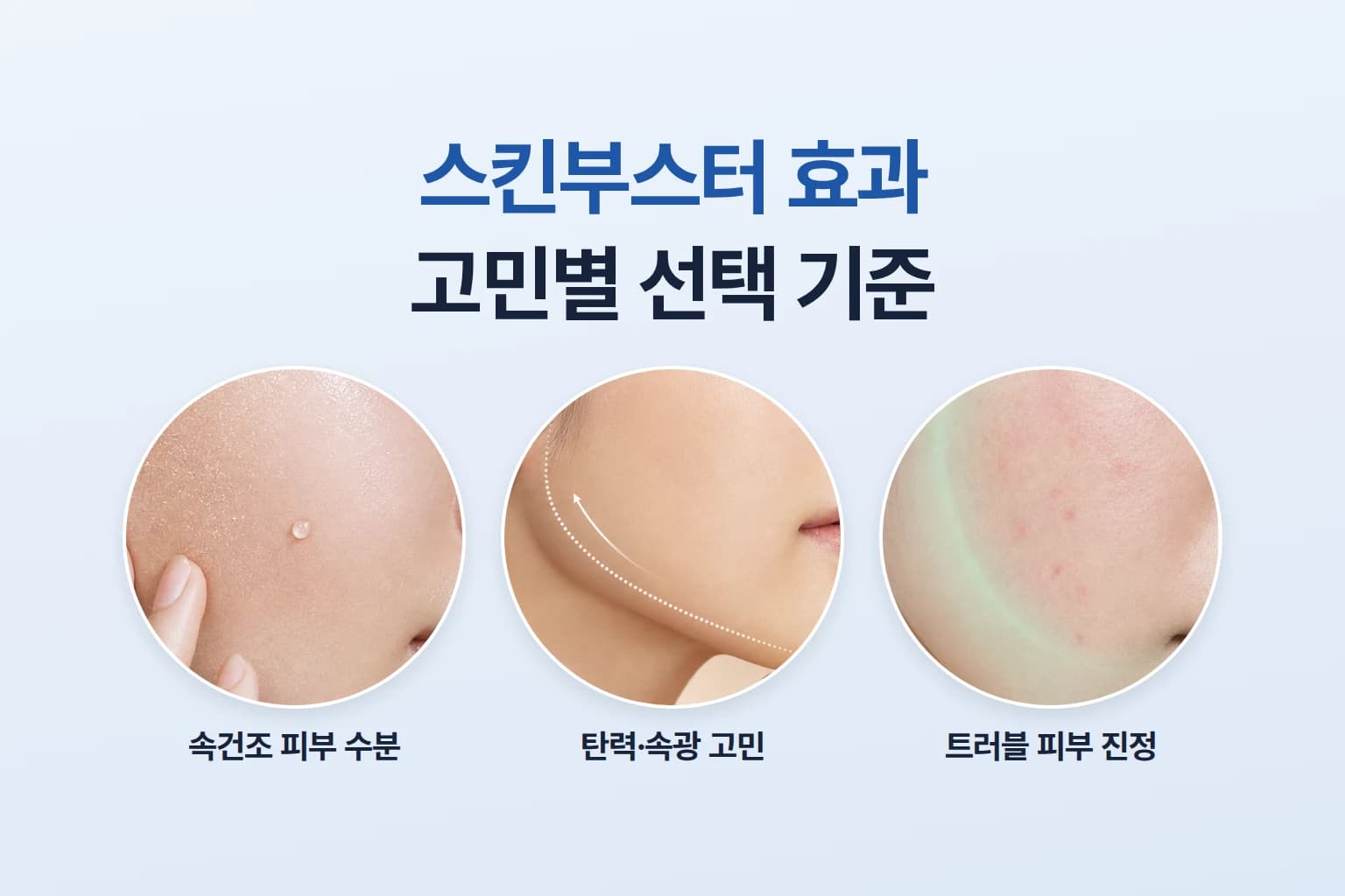 속건조,탄력,트러블 피부 고민별 볼과 턱선 피부 확대 컷 장을 나란히 담은 스킨부스터 효과 썸네일