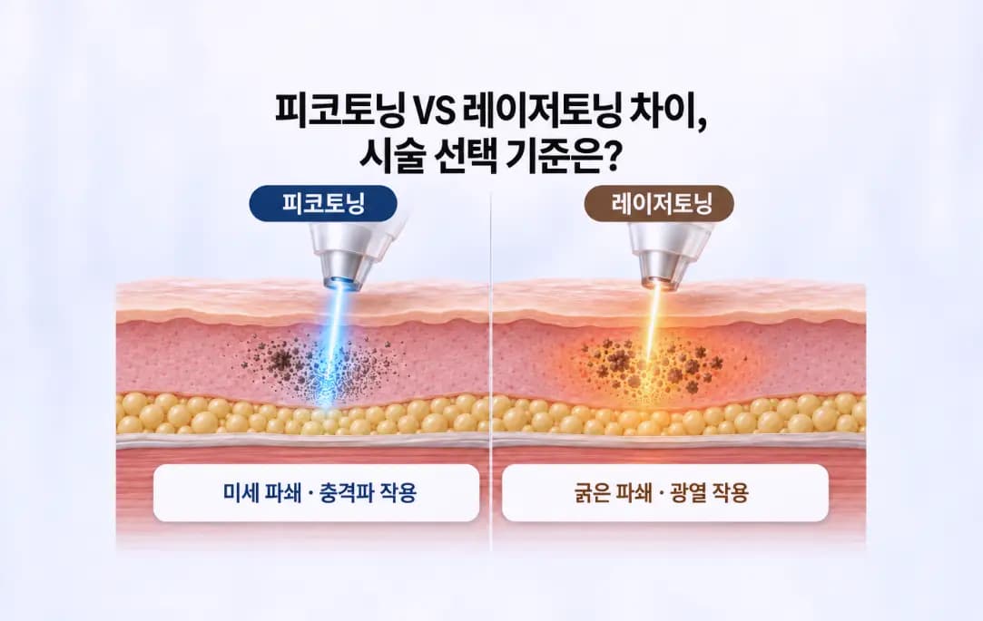 피코토닝 레이저토닝 차이를 나타내는 피부 단면 모식도와 미세 파쇄 충격파 방식의 피코토닝·열 축적 광열 작용 방식의 레이저토닝을 비교한 썸네일